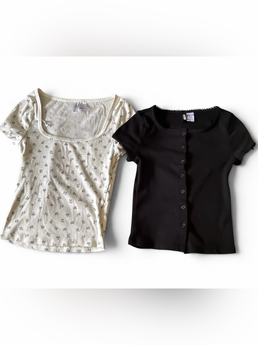 Divided By H&M Womens Black/Floral Crew Neck Short Sleeve T-Shirt XS/S‎ Lot Of 2
